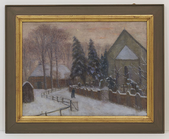 Otto Modersohn - Winterabend, Fischerhuder Kirche mit Heimathaus - Rahmenbild