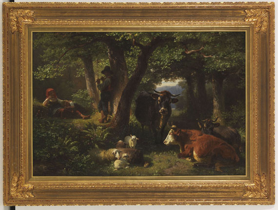 Friedrich Voltz - Hirtenkinder im Wald mit Kühen und Schafen - Rahmenbild