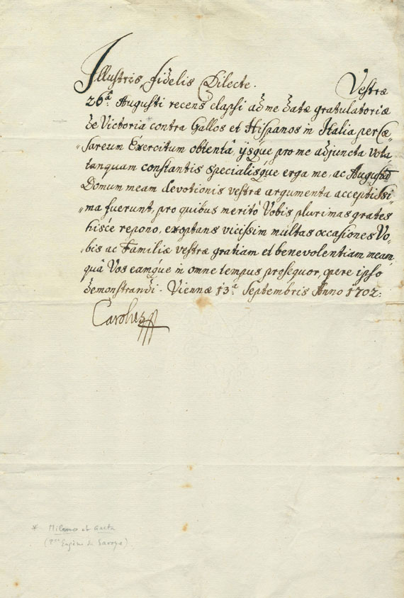 Karl VI. - Schreiben mit eigh. U. 1702.