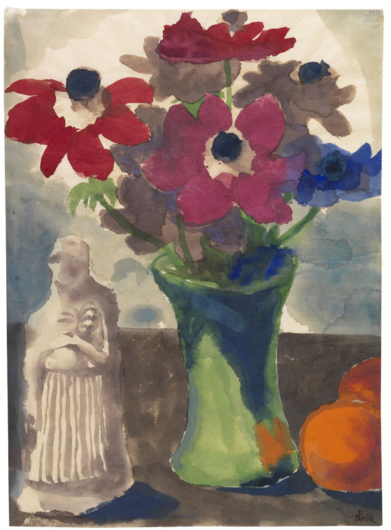 Emil Nolde - Anemonen in grüner Vase, Orangen und eine Skulptur