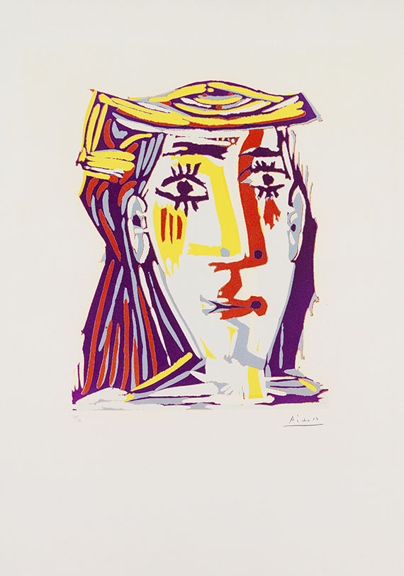 Pablo Picasso - Portrait de Jacqueline au chapeau de paille multicolore