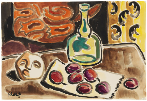 Karl Schmidt-Rottluff - Stillleben mit grüner Flasche, Steinkopf und Pflaumen