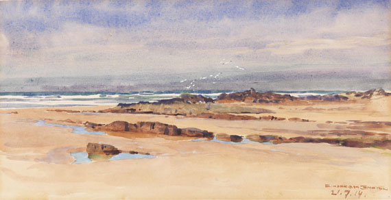 Edward Harrison Compton - 2 Bll.: Bei Bude (Cornwall): Die Küste mit der Mündung des River Neet. Felsiger Strand mit Möwen