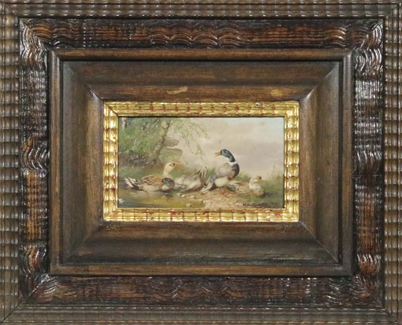 Hänger - 2 Gemälde: Hühnerhof am Dorfrand. Zwei Entenpaare am Weiher