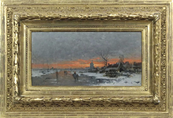 Johann Jungblut - Winterlandschaft mit Dorfsilhouette im Abendrot - Rahmenbild