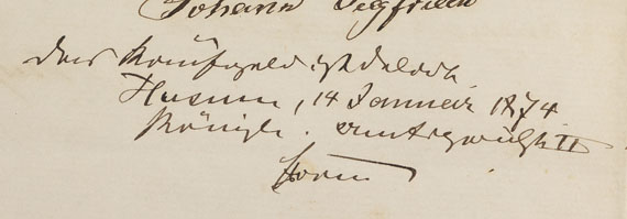 Theodor Storm - Eigh. Zeilen u. U auf Akte (1874), dabei 4 Akten mit U. von J. C. Storm. Beilieg. weit. 20 Dokumente. 1826-80.