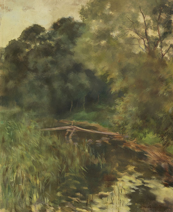 Lotte Laserstein - Baumreiche Landschaft mit Steg am Waldteich