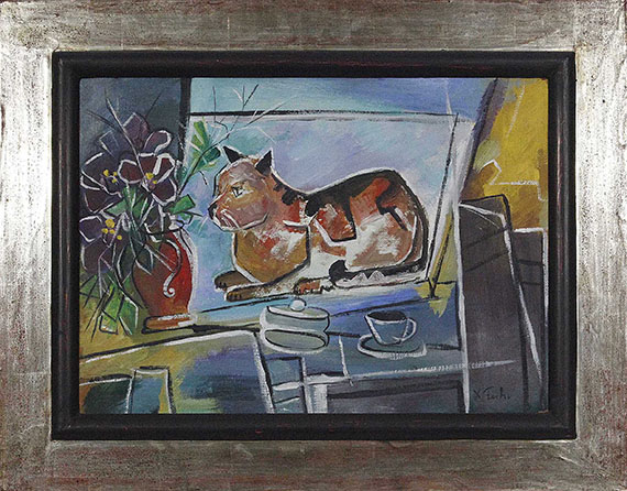 Franz Xaver Fuhr - Katze am Fenster mit Blumenvase - Rahmenbild