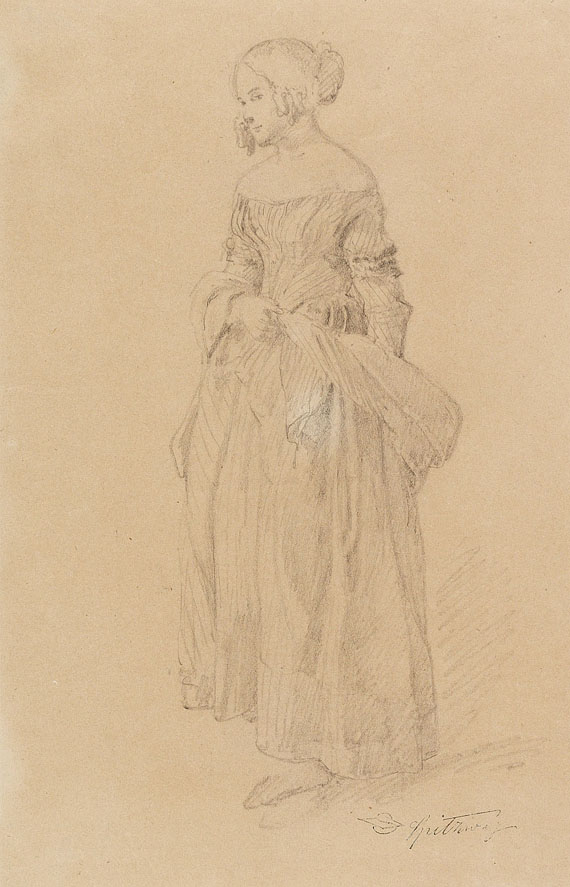 Carl Spitzweg - 2 Bll.: Ganzfiguriges Porträt einer jungen Dame mit Stola. Skizzenblatt mit 8 Figurenskizzen, darunter Gnome, sowie Gartenkomposition mit Tor, Haus, Hund und Bäumen - Weitere Abbildung