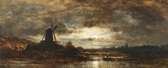 Eduard Schleich d. Ä. - Holländische Flusslandschaft mit Mühle bei Mondschein