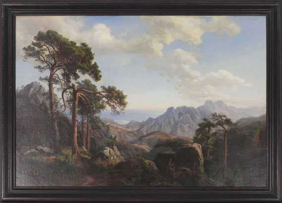 Carl Hummel - Aussicht vom Col di Sorba bei Vivario mit Pinien, Korsika - Rahmenbild