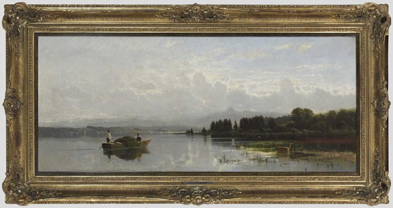 Richard von Poschinger - Heuboot bei der Überfahrt (wohl oberbayerischer See) - Rahmenbild