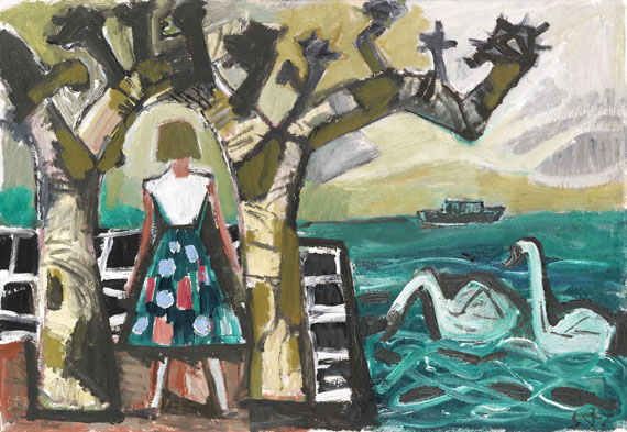 Otto Dix - Mädchen mit Platanen und zwei Schwänen am See