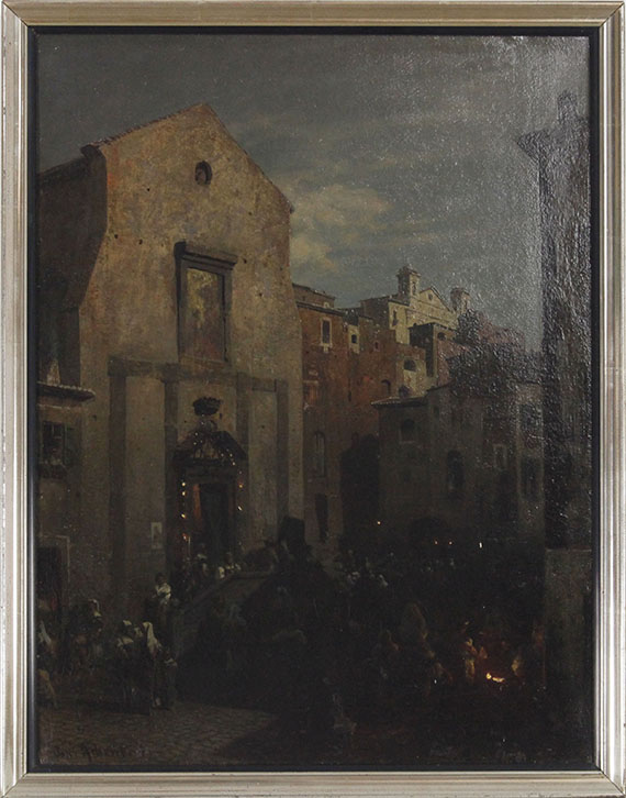 Oswald Achenbach - Italienische Stadtansicht bei einbrechender Nacht - Rahmenbild