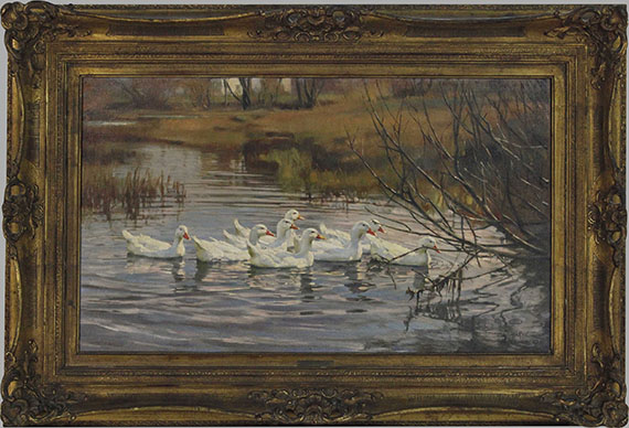 Franz Gräßel - Weiße Enten im Wasser - Rahmenbild