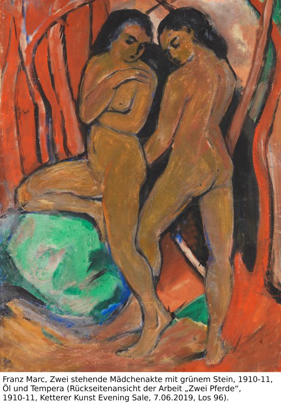 Franz Marc - Zwei Pferde. Verso: Zwei stehende Mädchenakte mit grünem Stein - Weitere Abbildung