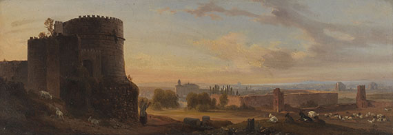 August Wilhelm Julius Ahlborn - Gemäldepaar: Palermo von S. Maria Gesu gesehen, in der Ferne die Küste Siziliens bis zum Cap Zafferano. Grabmal der Cäcilia Metella, Circus des Caracalla, S. Sebastiano, in der Ferne das neue Rom - Weitere Abbildung