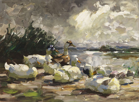 Alexander Koester - Enten am Ufer (schöne Wolkenstimmung)