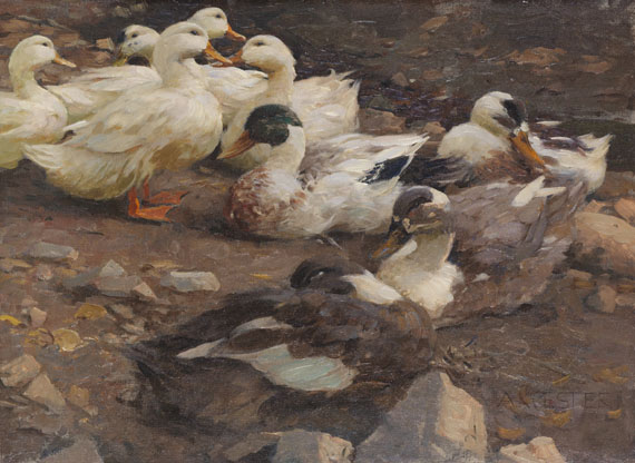 Alexander Koester - Neun Enten am Teichufer