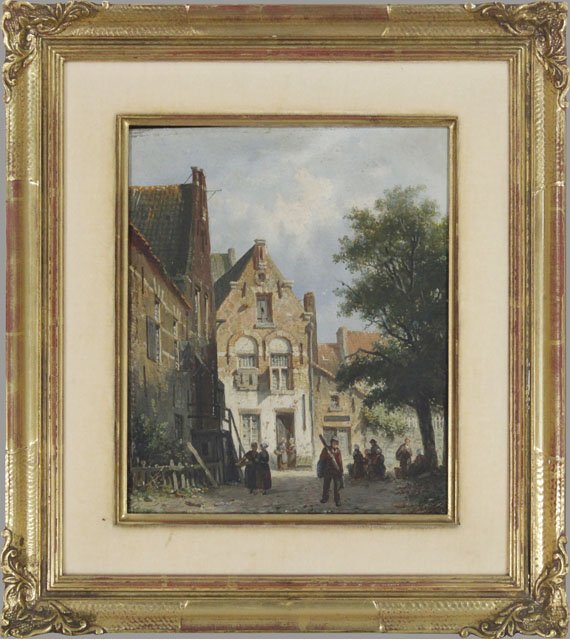 Adrianus Eversen - Belebte Strassenszene in einem holländischen Städtchen [Zonnig straatje] - Rahmenbild