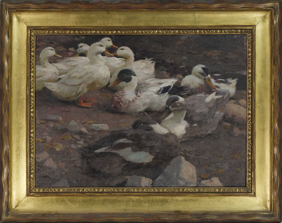 Alexander Koester - Neun Enten am Teichufer - Rahmenbild