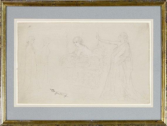 Carl Spitzweg - Figurenstudien: Eremit, Junge Frau am Fenster, Allegorie - Rahmenbild