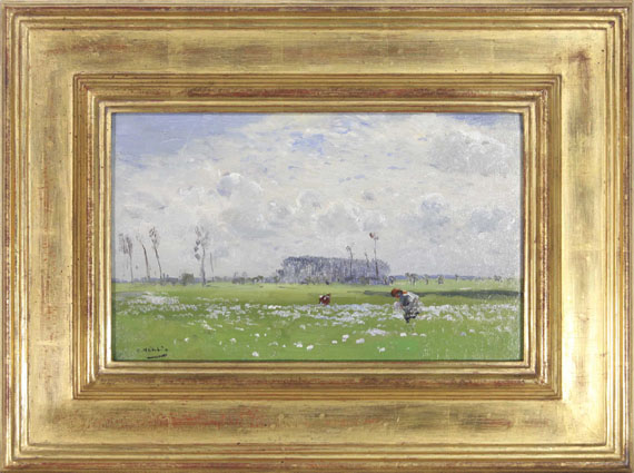 Hugo Mühlig - Sommerwiese mit blumenpflückenden Mädchen - Rahmenbild