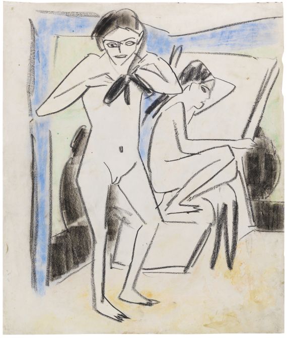 Ernst Ludwig Kirchner - Sitzende mit großem Hut, Emy Frisch / Szene im Atelier (Fränzi (Marzella) und Artistin)