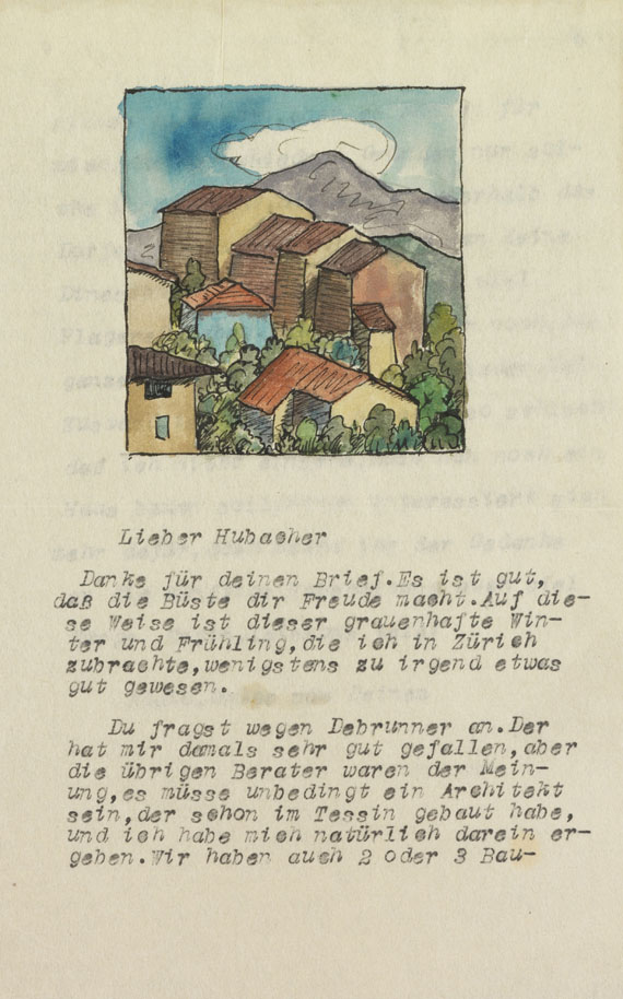Hermann Hesse - Masch. Brief an Hubacher mit Orig.-Aquarell