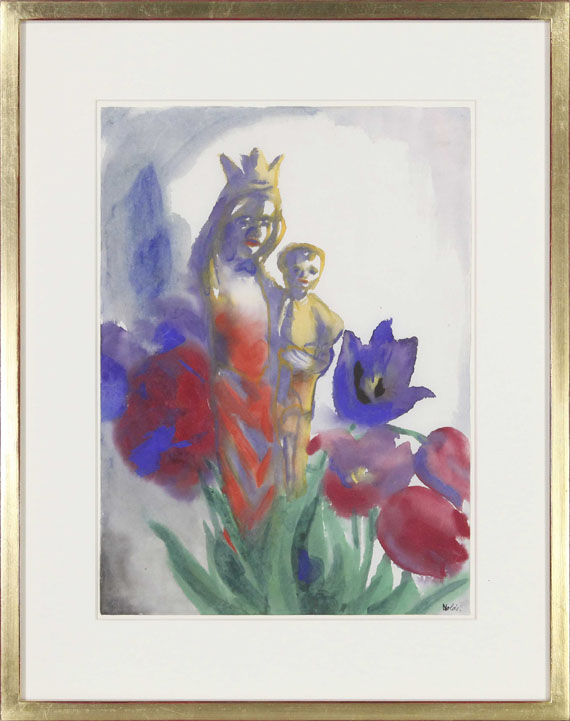 Nolde - Madonnenfigur mit Kind und Tulpen