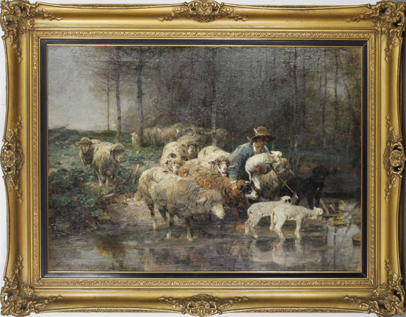 Heinrich von Zügel - Schäfer mit Herde am Wasser - Rahmenbild