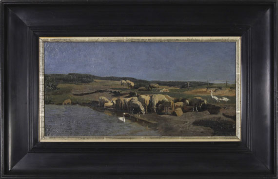 Johann Baptist Hofner - Oberbayerische Landschaft mit Schafen an der Tränke - Rahmenbild