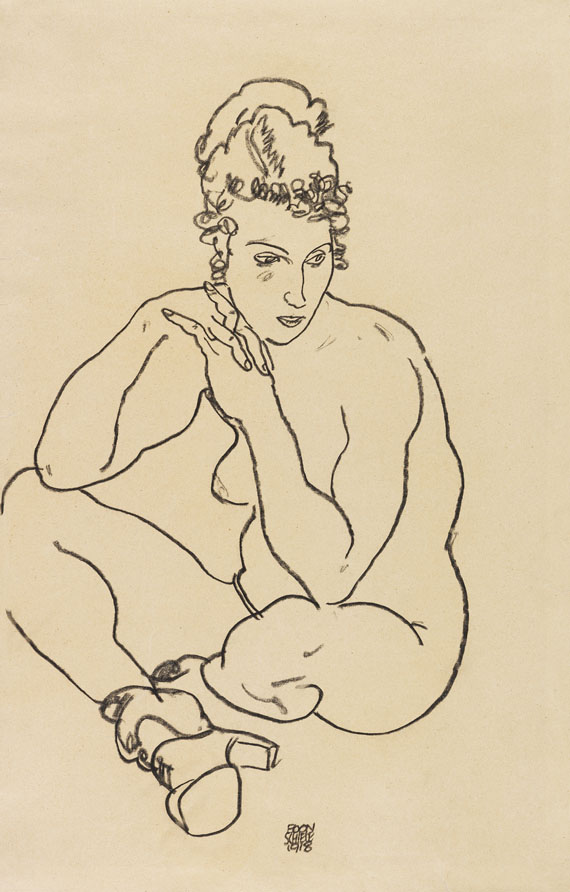 Egon Schiele - Sitzender weiblicher Akt, die Arme auf die Knie gestützt, die Beine verschränkt