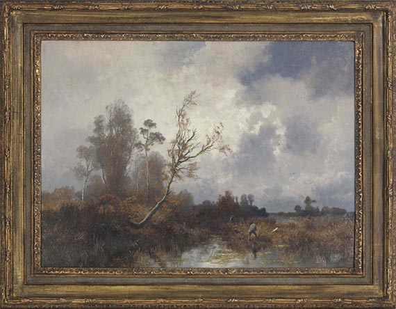 Josef Wenglein - Herbstliche Landschaft mit Jägern im Dachauer Moos - Rahmenbild