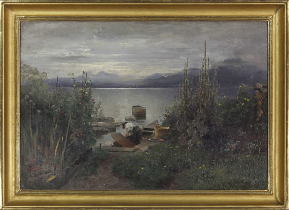 Joseph Wopfner - Blumengarten und Fischer auf der Fraueninsel - Rahmenbild