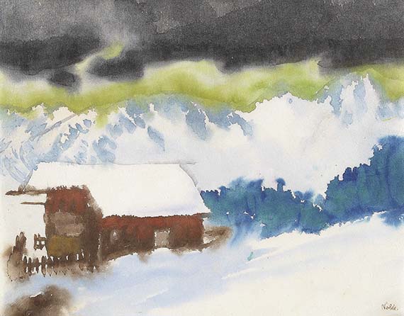 Nolde - Verschneite Alpenlandschaft mit Almhütte