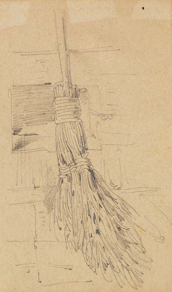 Wilhelm Busch - 5 Bll.: Junge Dame mit Fächer (Bl. 1). Mädchenkopf (Bl. 2). Glatze (Bl. 3). Lehnstuhl am Ofen (Bl. 4). Besen (Bl. 5) - Weitere Abbildung