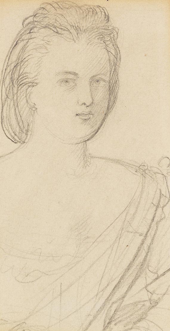 Wilhelm Busch - 5 Bll.: Junge Dame mit Fächer (Bl. 1). Mädchenkopf (Bl. 2). Glatze (Bl. 3). Lehnstuhl am Ofen (Bl. 4). Besen (Bl. 5) - Weitere Abbildung