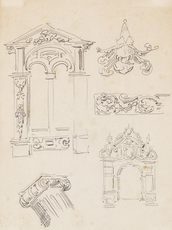 Wilhelm Busch - 6 Bll.: Küchenutensilien (Bl. 1a u. b). Säulenkapitelle (Bl. 2). Säulen, Kapitell und Konsole (Bl. 3). Fensterportale und Architekturornamente (Bl. 4). Buchstaben (Bl. 5) - Weitere Abbildung