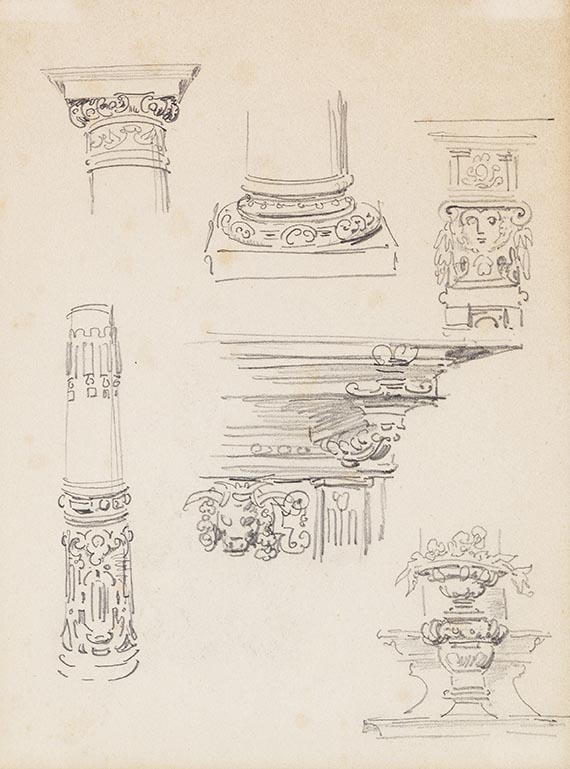 Wilhelm Busch - 6 Bll.: Küchenutensilien (Bl. 1a u. b). Säulenkapitelle (Bl. 2). Säulen, Kapitell und Konsole (Bl. 3). Fensterportale und Architekturornamente (Bl. 4). Buchstaben (Bl. 5) - Weitere Abbildung