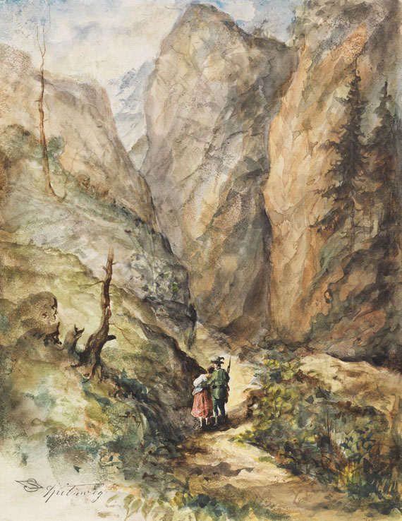 Carl Spitzweg - Jäger und Mädchen (Berglandschaft mit Liebespaar- Felsenschlucht mit Jäger und Mädchen)