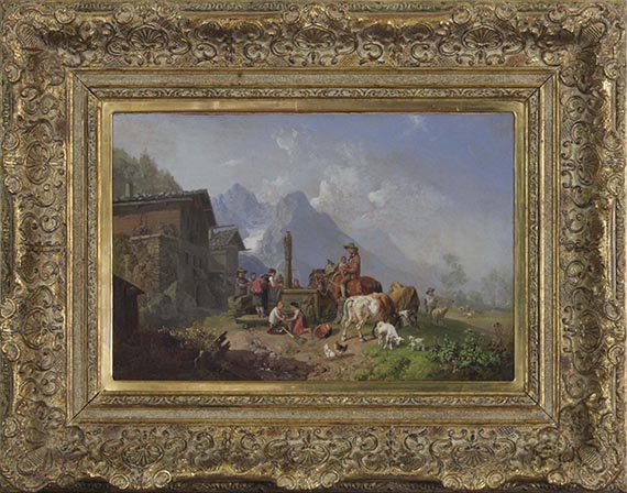 Heinrich Bürkel - Gebirgsdorf mit Brunnen. Im Hintergrund das Wettersteingebirge - Rahmenbild