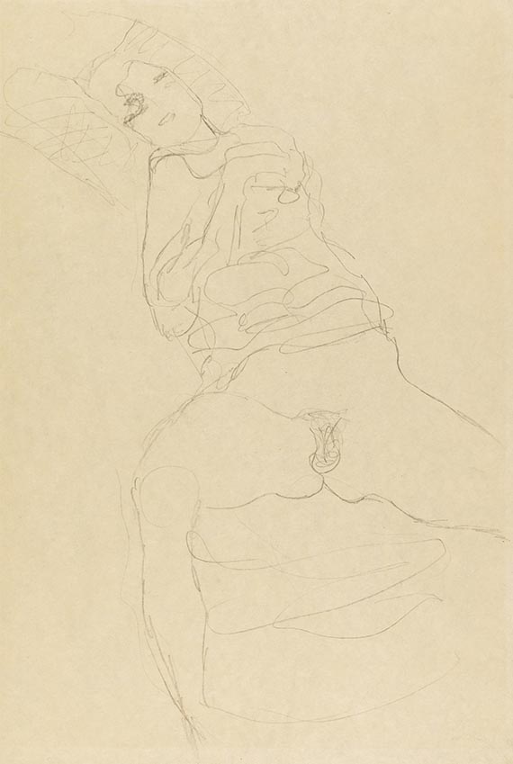 Gustav Klimt - Halbakt von vorne, nach links liegend
