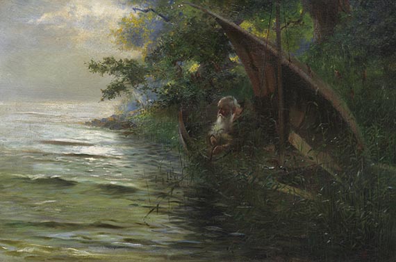 Hans Thoma - Auf der Jagd (Geistlicher im Ruderboot, am Seeufer Enten auflauernd)
