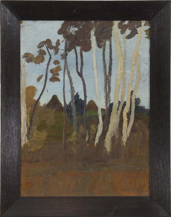 Paula Modersohn-Becker - Landschaft mit Birken, im Hintergrund zwei Hausgiebel - Rahmenbild