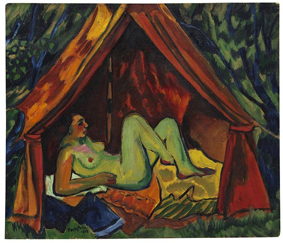 Hermann Max Pechstein - Rotes Zelt mit weiblichem Akt: Danae