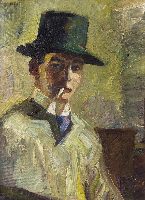Hermann Stenner - Selbstbildnis mit hohem Hut und Zigarette