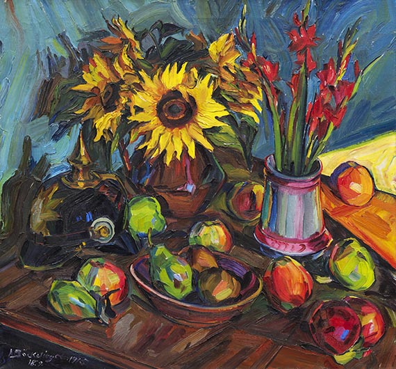 Peter August Böckstiegel - Blumenstilleben mit Sonnenblumen, Gladiolen und Pickelhelm