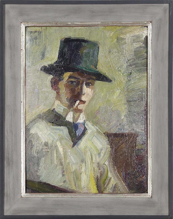 Hermann Stenner - Selbstbildnis mit hohem Hut und Zigarette - Rahmenbild