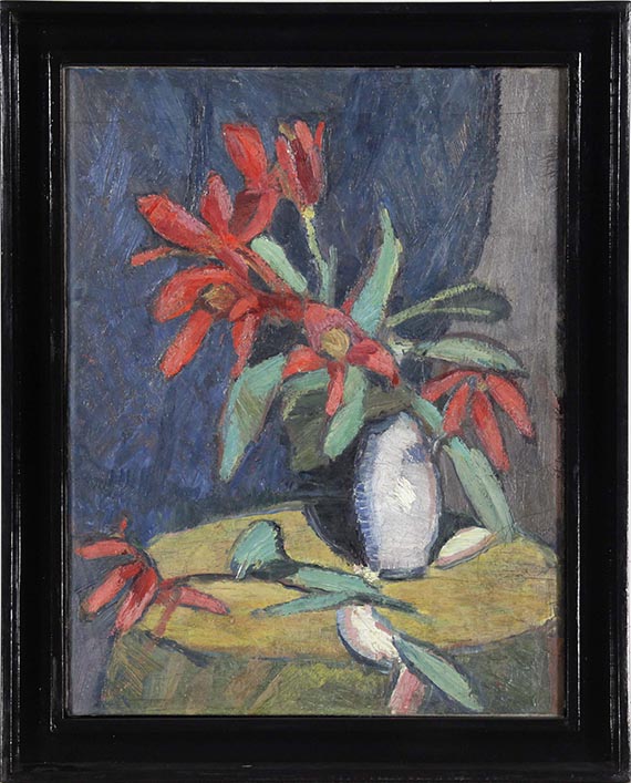 Hermann Stenner - Rote Blumen in weißem Krug - Rahmenbild